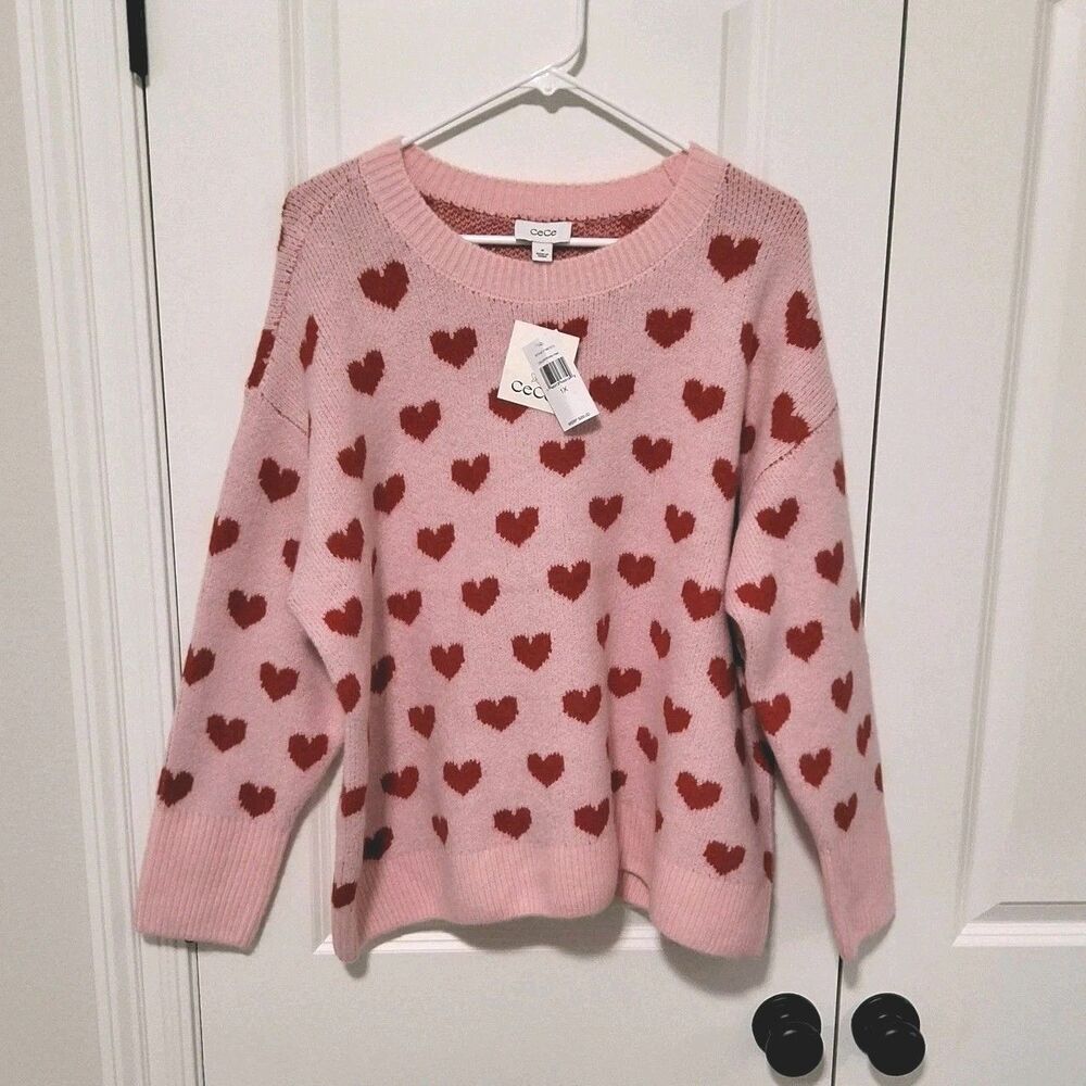 CeCe Women's Crewneck SuperSoft Sweater Pink w/Red Hearts, Size 1X, New w/Tags
